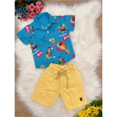 Conjunto Infantil Camisa Azul Mundo Bita Shorts Amarelo