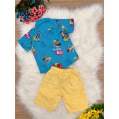 Conjunto Infantil Camisa Azul Mundo Bita Shorts Amarelo