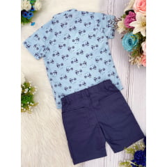 Conjunto Infantil Camisa Azul Shorts Azul Marinho Algodão