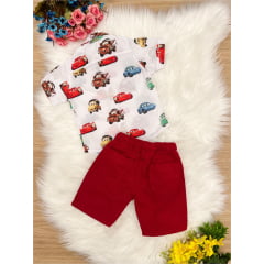 Conjunto Infantil Camisa Branca Carros Shorts Vermelho