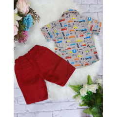 Conjunto Infantil Camisa Cinza Carrinhos Bermuda Vermelha Sarja