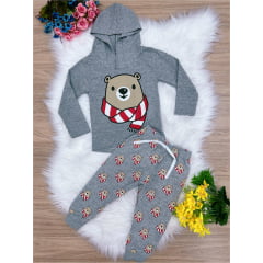 Conjunto Infantil Camiseta malha Capuz e Calça Cinza Ursinho