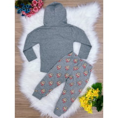 Conjunto Infantil Camiseta malha Capuz e Calça Cinza Ursinho