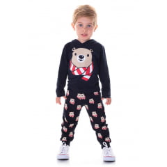 Conjunto Infantil Camiseta malha Capuz e Calça Preta Ursinho