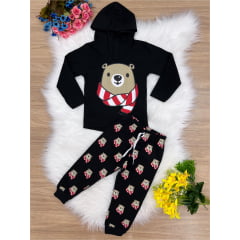Conjunto Infantil Camiseta malha Capuz e Calça Preta Ursinho