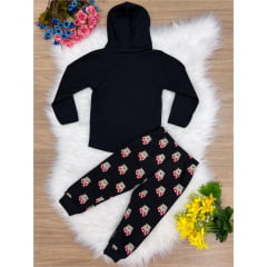 Conjunto Infantil Camiseta malha Capuz e Calça Preta Ursinho