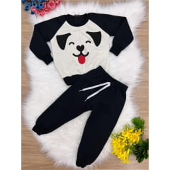 Conjunto Infantil Moletom Calça Preto e Off Cachorrinho