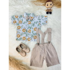 Conjunto Menino Safari Leão Bosque Short Suspensório Camisa