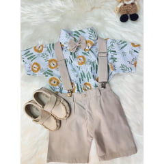 Conjunto Menino Safari Leão Bosque Short Suspensório Camisa