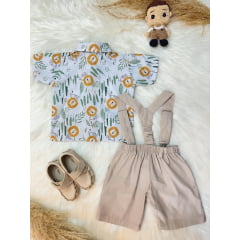 Conjunto Menino Safari Leão Bosque Short Suspensório Camisa