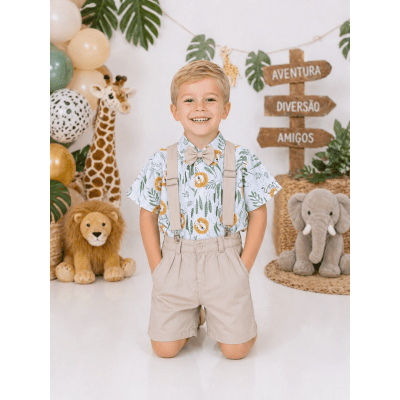 Conjunto Menino Safari Leão Bosque Short Suspensório Camisa