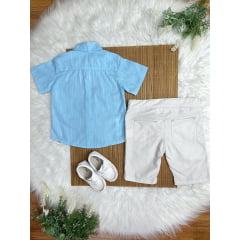 Conjunto Meninos Camisa Azul Mescla Bermuda Bege Casual