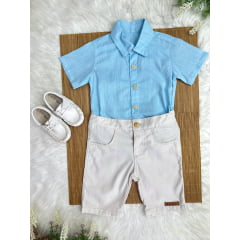 Conjunto Meninos Camisa Azul Mescla Bermuda Bege Casual