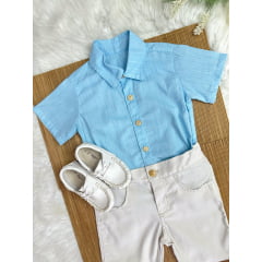 Conjunto Meninos Camisa Azul Mescla Bermuda Bege Casual