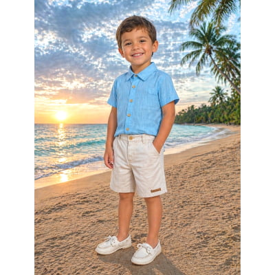 Conjunto Meninos Camisa Azul Mescla Bermuda Bege Casual