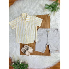 Conjunto Meninos Camisa Listrada Amarela Bermuda Bege Casual