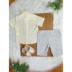 Conjunto Meninos Camisa Listrada Amarela Bermuda Bege Casual