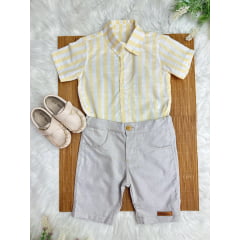 Conjunto Meninos Camisa Listrada Amarela Bermuda Bege Casual