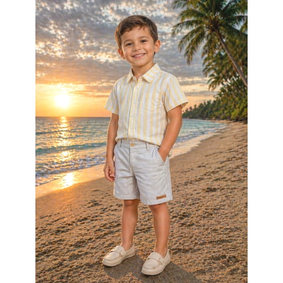 Conjunto Meninos Camisa Listrada Amarela Bermuda Bege Casual