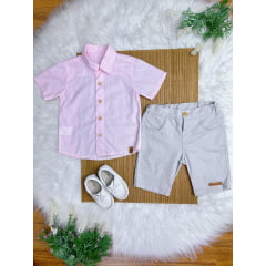 Conjunto Meninos Camisa Rosa Mescla Bermuda Bege Casual