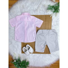 Conjunto Meninos Camisa Rosa Mescla Bermuda Bege Casual