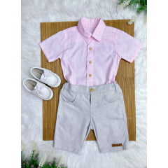 Conjunto Meninos Camisa Rosa Mescla Bermuda Bege Casual