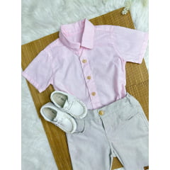 Conjunto Meninos Camisa Rosa Mescla Bermuda Bege Casual