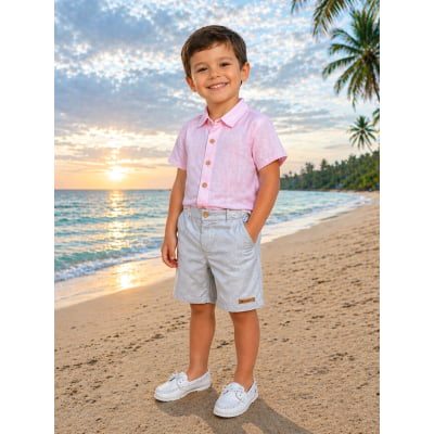 Conjunto Meninos Camisa Rosa Mescla Bermuda Bege Casual