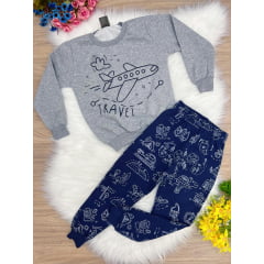 Conjunto Moletom Blusa Cinza C/ Calça Azul Escuro