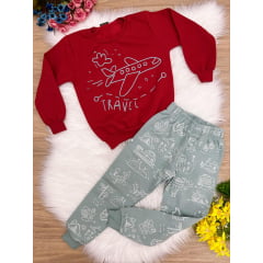 Conjunto Moletom Blusa Vermelha C/ Calça Verde
