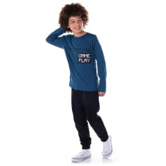 Conj Juvenil Camiseta Malha Azul Petróleo Calça Moletom Preta