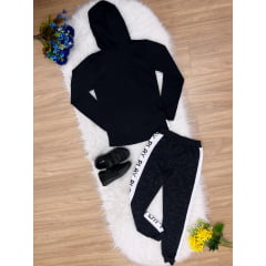 Conjunto Moletom Camiseta Capuz Malha C/ Calça Moletom Preta
