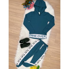 Conjunto Moletom Camiseta Capuz Malha Calça Moletom Verde Musgo