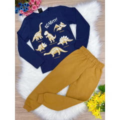 Conjunto Moletom Dino Camiseta Malha Azul M. Calça Mostarda