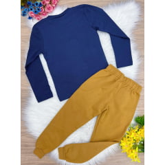 Conjunto Moletom Dino Camiseta Malha Azul M. Calça Mostarda