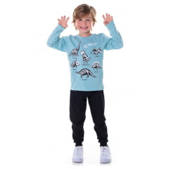 Conjunto Moletom Dino Camiseta Malha Verde C/ Calça Preta