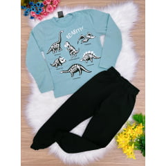 Conjunto Moletom Dino Camiseta Malha Verde C/ Calça Preta