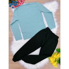 Conjunto Moletom Dino Camiseta Malha Verde C/ Calça Preta
