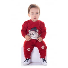 Conjunto Moletom Infantil Blusa e Calça Vermelho Ursinho