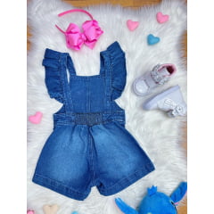 Macaquinho Jardineira Infantil Jeans Lilo e Stitch Luxo