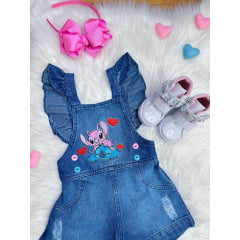 Macaquinho Jardineira Infantil Jeans Lilo e Stitch Luxo