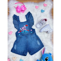 Macaquinho Jardineira Infantil Jeans Lilo e Stitch Luxo