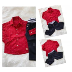 Conjunto Sport Fino Meninos Camisa Vermelha e Calça Jeans