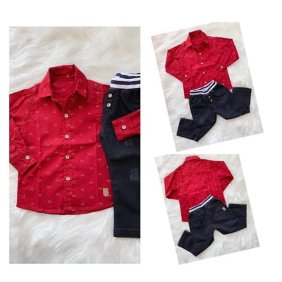Conjunto Sport Fino Meninos Camisa Vermelha e Calça Jeans