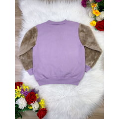 Blusa de Moletom Com Zíper Lilás Manga Pelúcia Marfim