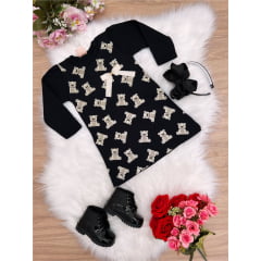 Vestido Moletom Preto Ursinho 1-2-3