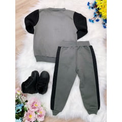 Conjunto de Moletom Jaqueta e Calça Cinza Escuro e Preto