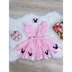 Romper da Minnie Rosa Com Laço e Saia Glitter Luxo