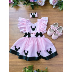 Romper da Minnie Rosa Com Laço e Saia Glitter Luxo Festas
