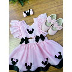 Romper da Minnie Rosa Com Laço e Saia Glitter Luxo Festas